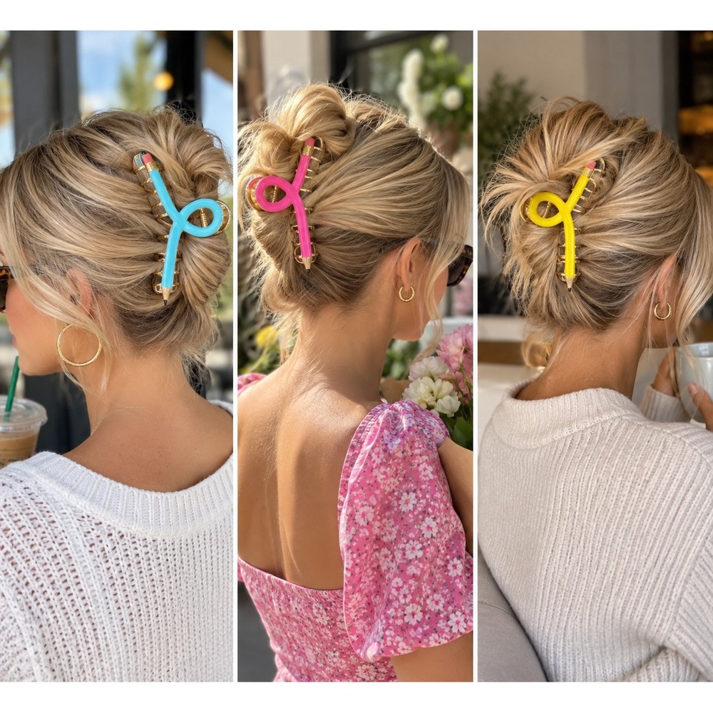 3pc Pencil Hair Claw Clip Set Gold Enamel Blue Pink Yellow Novelty Accessory